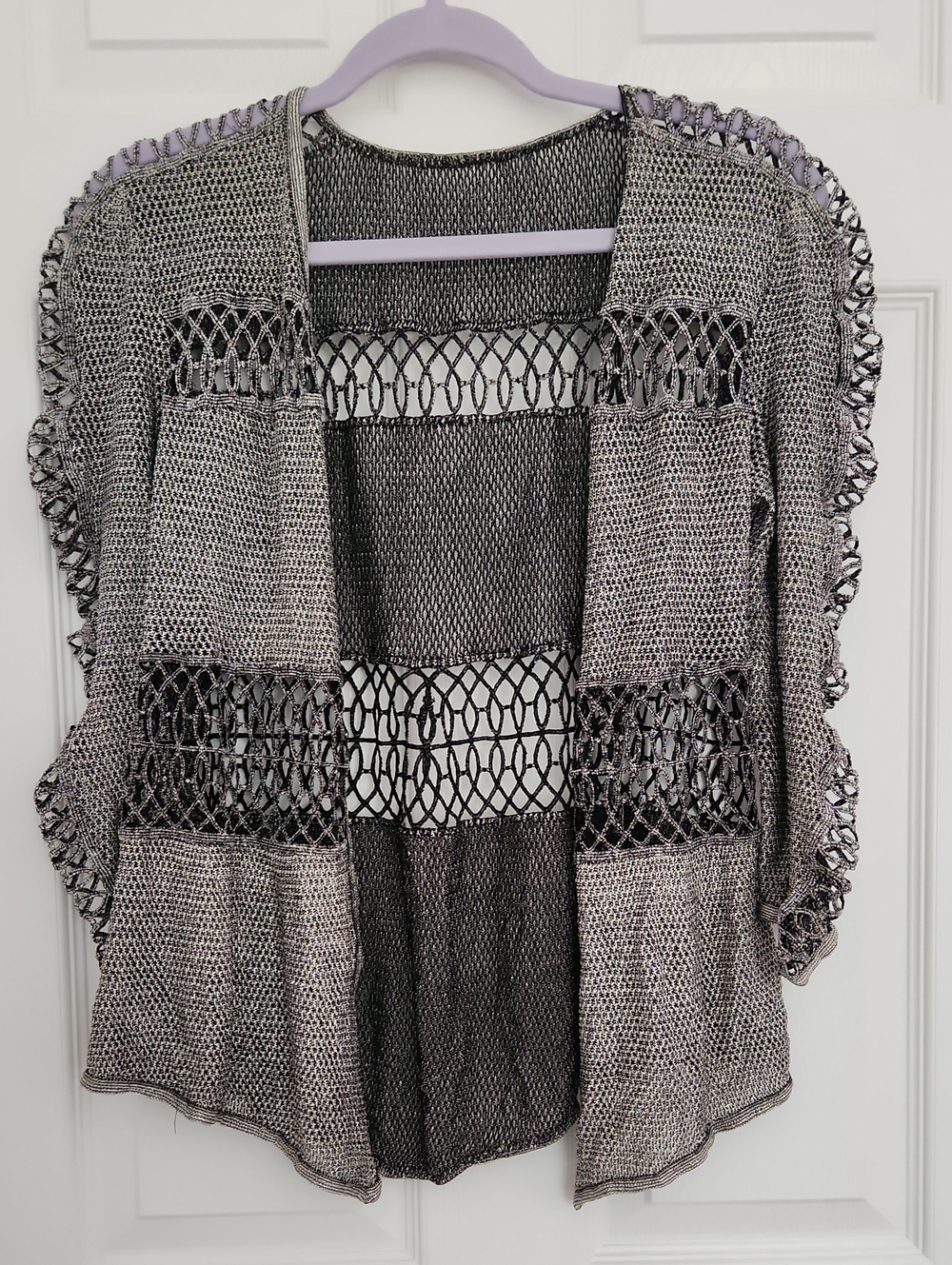 Open-Front Crochet Knit Metallic Gray Black Whimsygoth Resortwear Cardigan